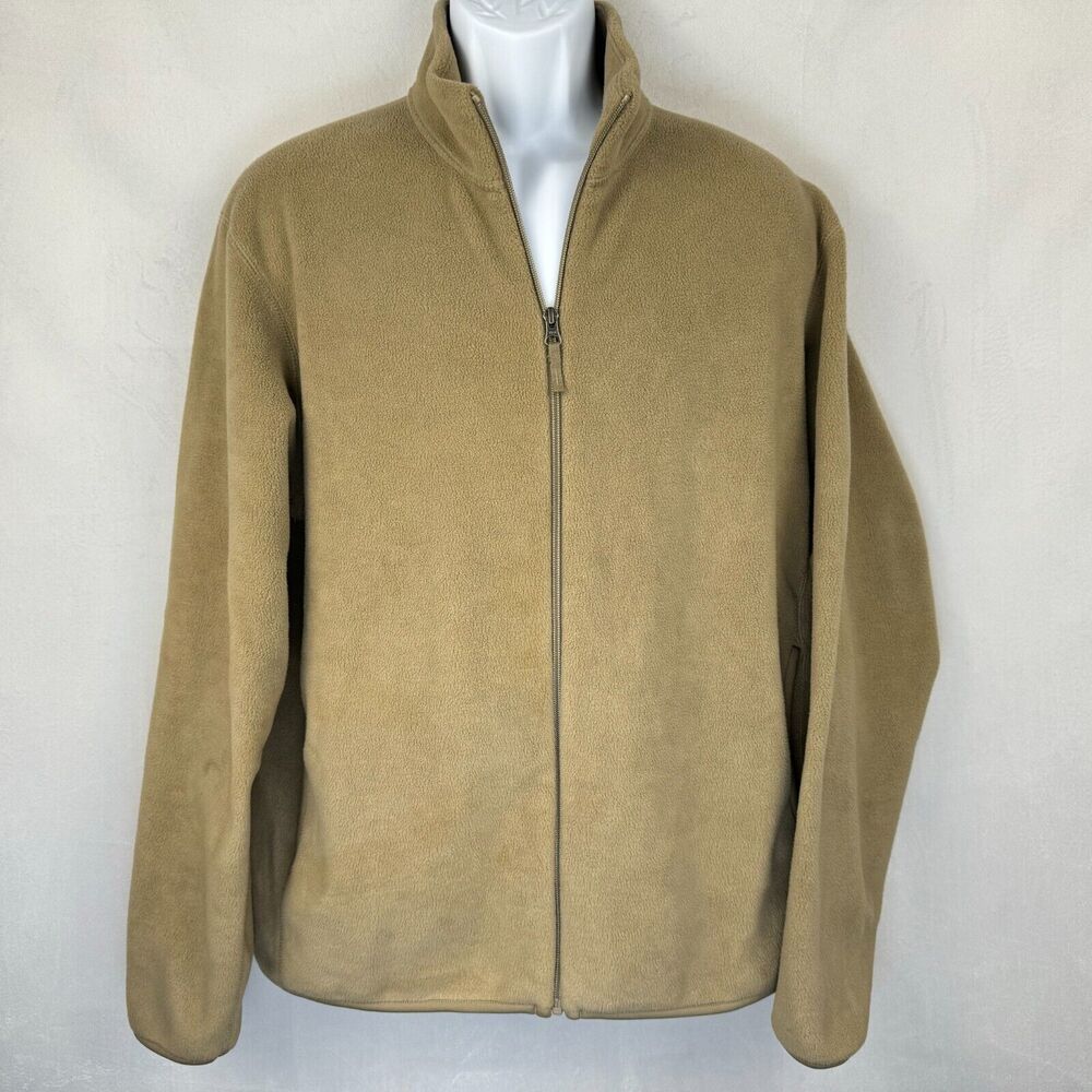 Uniqlo Jacket Men Sz L Beige Fleece Full Zip Casual Elastic Hem Long Sleeve
